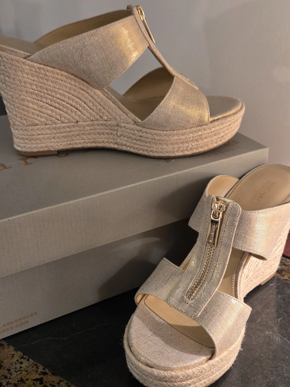 MICHAEL Michael Kors Champagne Metallic Espadrille Wedge Sandals